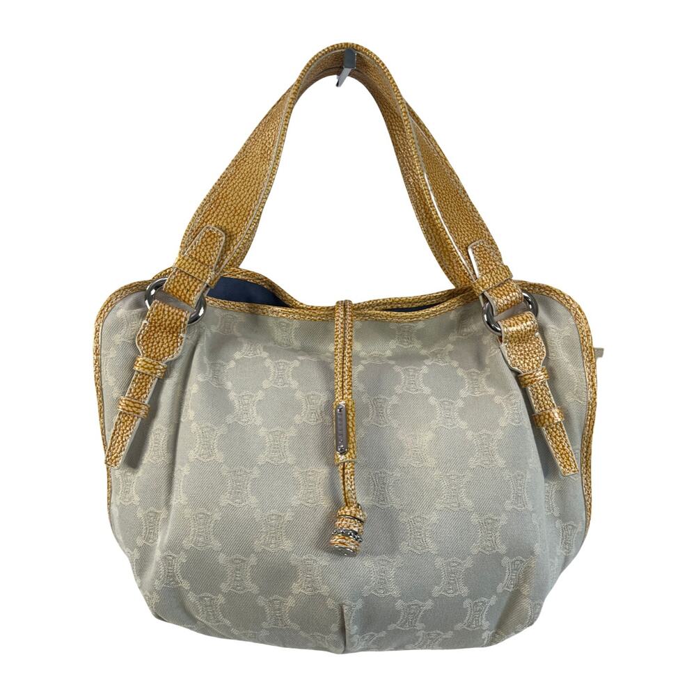Celine Macadam Denim Drawstring Tote Bag Leather Trim Blue Vintage Y2K Summer